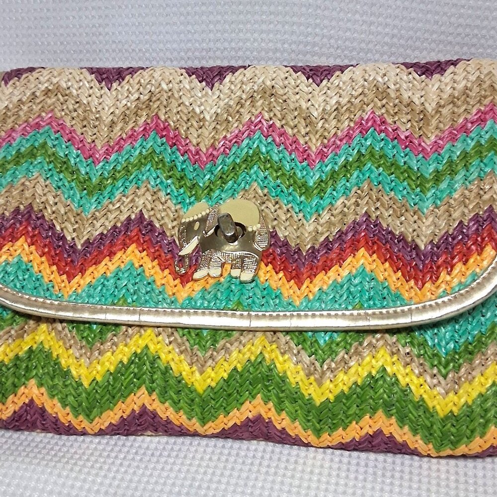 Lilly Pulitzer Raffia Straw Clutch Purse Bag Flat Envelope 9" Multicolor Chevron